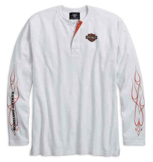 Harley Davidson® Mens Pinstripe Flames Long Sleeve Henley White Harley Davidson Rimouski 