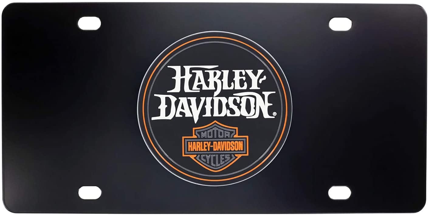HARLEY DAVIDSON BLACK PLATE WITH ROUND EMBLEM WITH STYLIZED H-D WORDMARK, 2 CIRCLES AND ORANE, GRAY AND WHITE