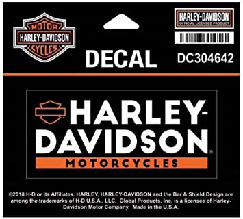 HARLEY DAVIDSON DECAL, BASIC TEXT, SM, ORANGE, BLACK &WHITE, 4″ W x 1 13/16″ H