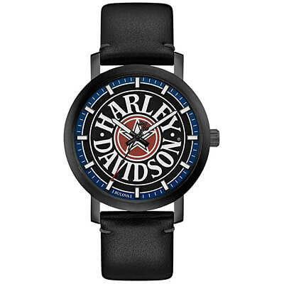 HARLEY DAVIDSON MEN'S ICONIC FAT BOY LEATHER & STAINLESS STEEL WATCH