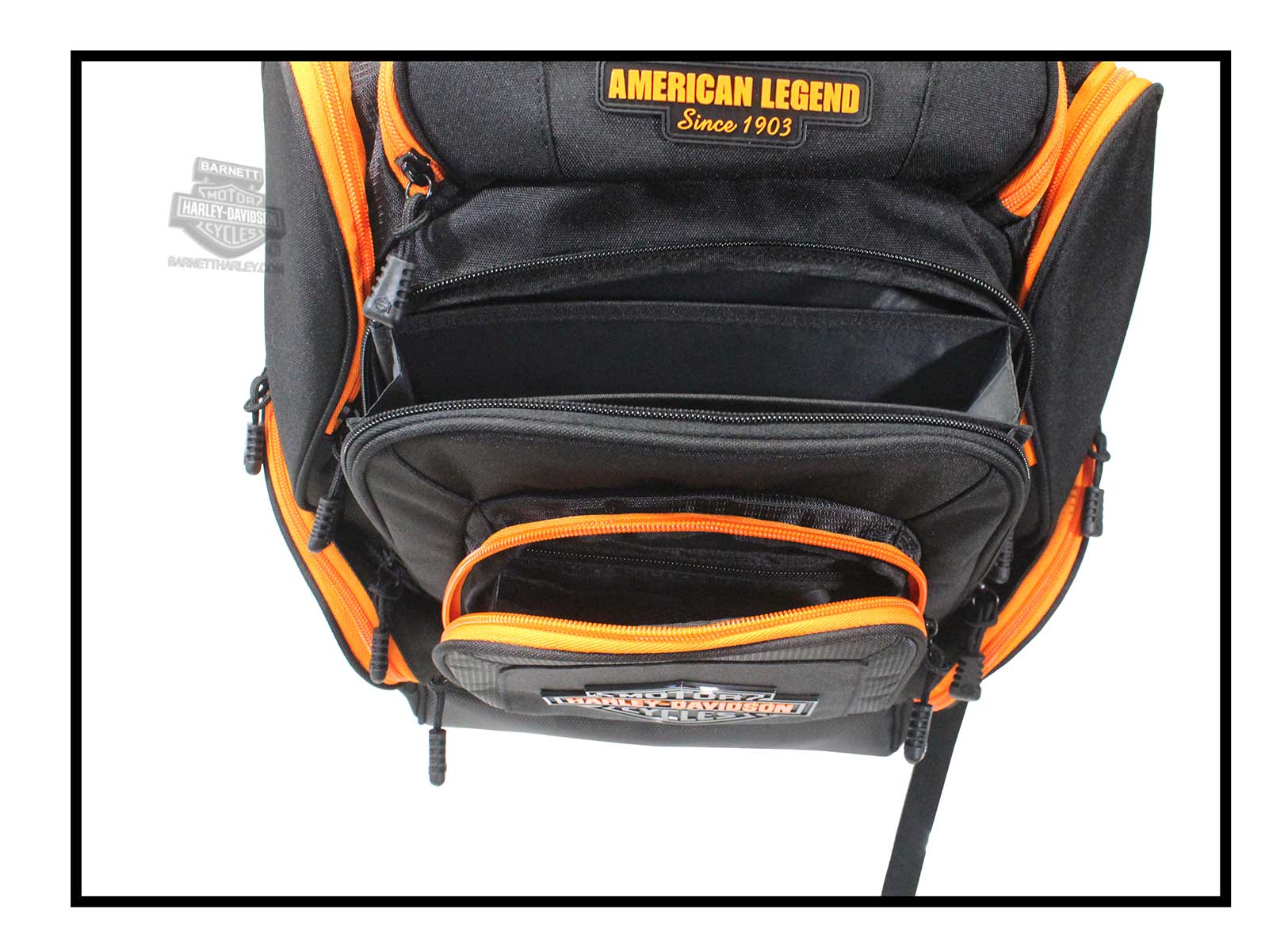HARLEY DAVIDSON® NEON ORANGE BAR & SHIELD DELUXE BACKPACK, BLACK
