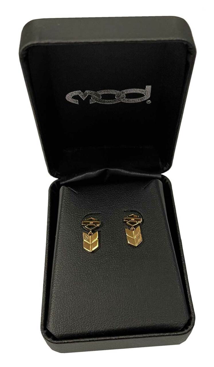 HARLEY DAVIDSON® WOMENS INSIGNIA B&S POST DROP EARRINGS, GOLD PLATED