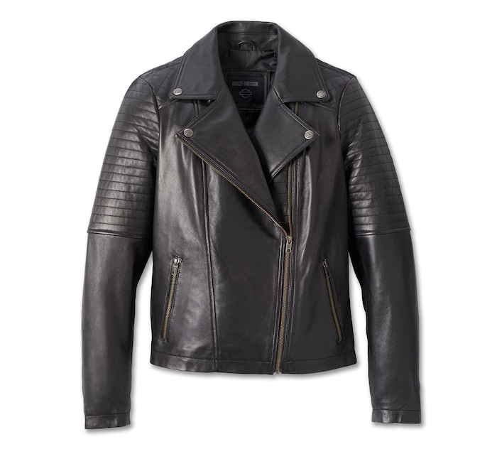Harley Davidson Women's Classic Biker Debossed Leather Jacket, Black