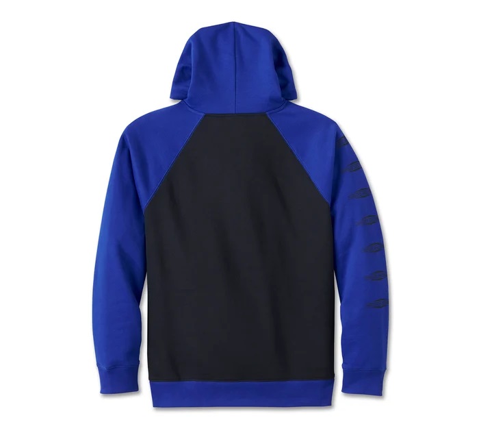 HARLEY DAVIDSON MEN – OLD ENGLISH STACKED RAGLAN HOODIE – BLACK/BLUE