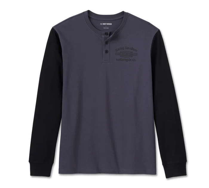 HARLEY DAVIDSON HENLEY-KNIT,BLACK/LIGHT BLUE COLORBLOCK