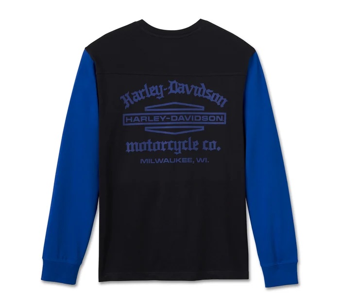 HARLEY DAVIDSON HENLEY-KNIT,BLACK/BLUE COLORBLOCK