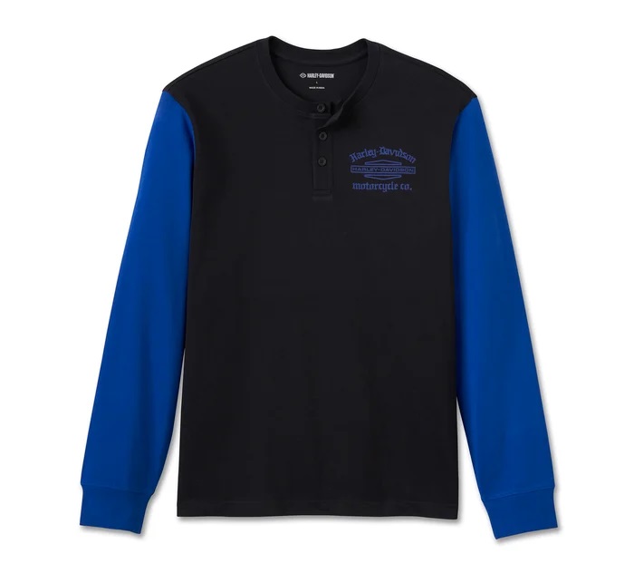 HARLEY DAVIDSON HENLEY-KNIT,BLACK/BLUE COLORBLOCK