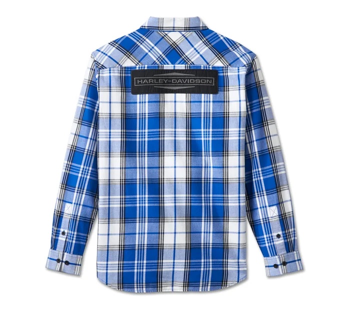 HARLEY DAVIDSON MEN – STACKED BAR&SHIELD LONG SLEEVE SHIRT – PLAID WHITE/BLUE