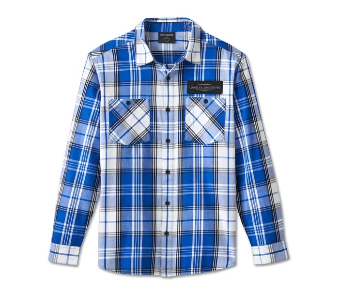 HARLEY DAVIDSON MEN – STACKED BAR&SHIELD LONG SLEEVE SHIRT – PLAID WHITE/BLUE