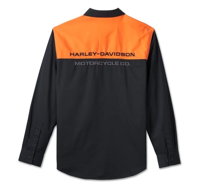 HARLEY DAVIDSON MEN – STACKED BAR&SHIELD LONG SLEEVE SHIRT – BLACK/ORANGE