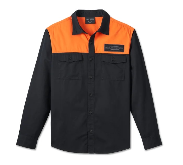 HARLEY DAVIDSON MEN – STACKED BAR&SHIELD LONG SLEEVE SHIRT – BLACK/ORANGE