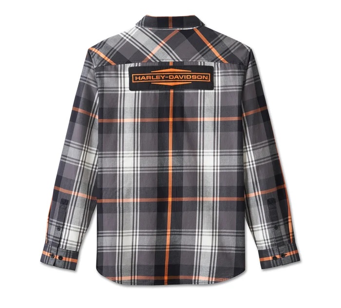 HARLEY DAVIDSON MEN – STACKED BAR&SHIELD LONG SLEEVE SHIRT – PLAID GREY/ORANGE