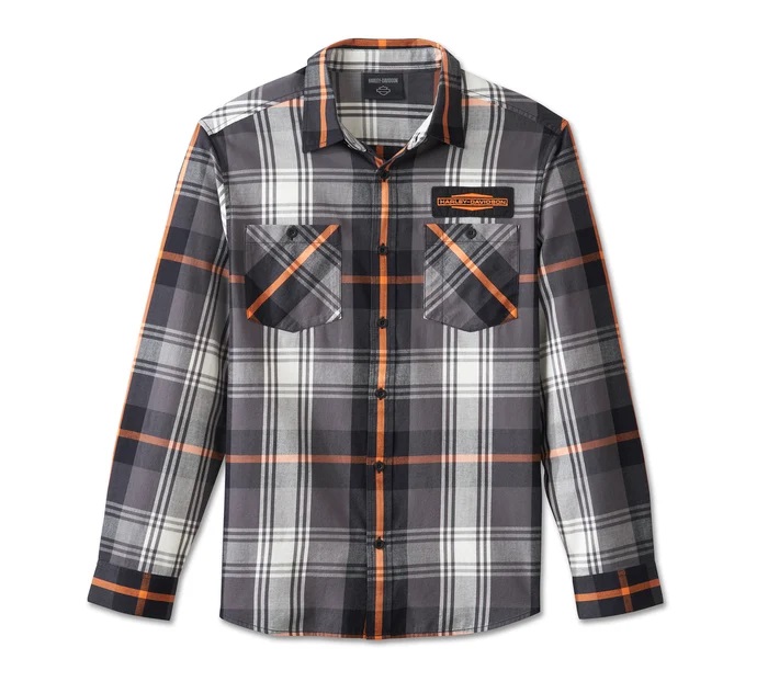 HARLEY DAVIDSON MEN - STACKED BAR&SHIELD LONG SLEEVE SHIRT - PLAID GREY/ORANGE