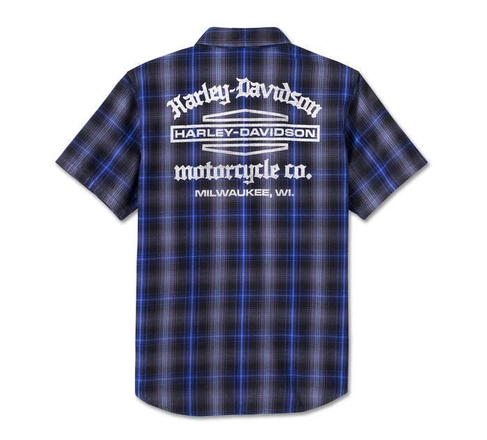 HARLEY DAVIDSON MEN – STAPLE SHORT SLEEVE SHIRT – PLAID BLUE/GREY