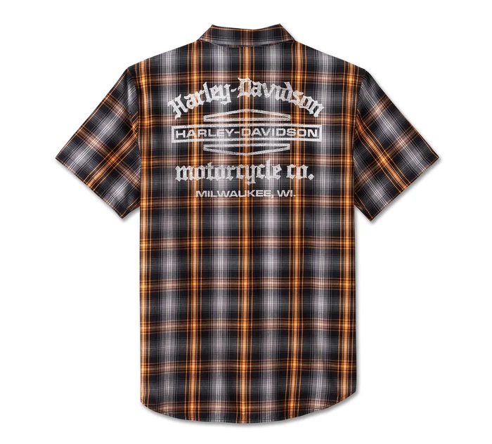 HARLEY DAVIDSON MEN – STAPLE SHORT SLEEVE SHIRT – PLAID ORANGE/GREY