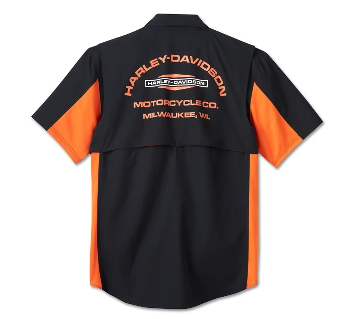 HARLEY DAVIDSON MEN – TECH MILWAUKEE SHORT SLEEVE SHIRT – BLACK/ORANGE