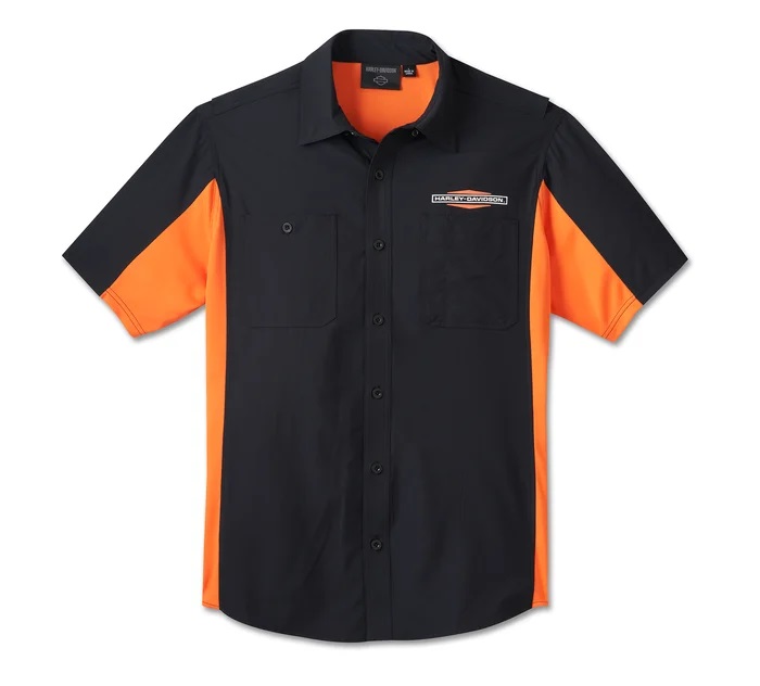 HARLEY DAVIDSON MEN – TECH MILWAUKEE SHORT SLEEVE SHIRT – BLACK/ORANGE