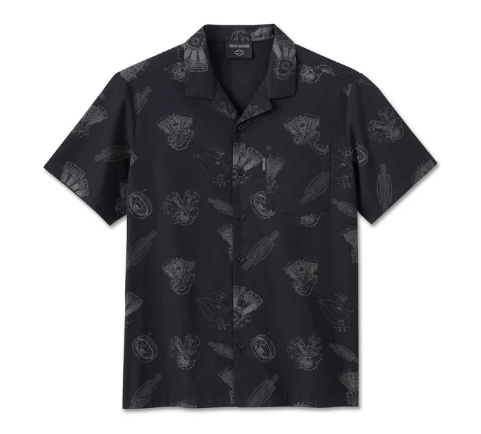 HARLEY DAVIDSON MEN - ENGINE ALOHA SHORT SLEEVE SHIRT - BLACK