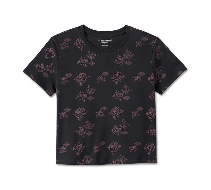 HARLEY DAVIDSON FEMME - T-SHIRT OLD ENGLISH ROSE - NOIR/ROSE