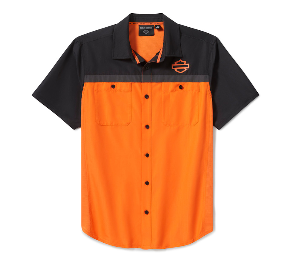 HARLEY DAVIDSON SHIRT-WOVEN,ORANGE/BLACK COLORBLOCK