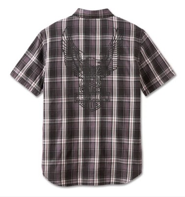 HARLEY DAVIDSON HOMME – CHEMISE MANCHES COURTES À CARREAUX – GRIS/BLANC/VIOLET FONCÉ