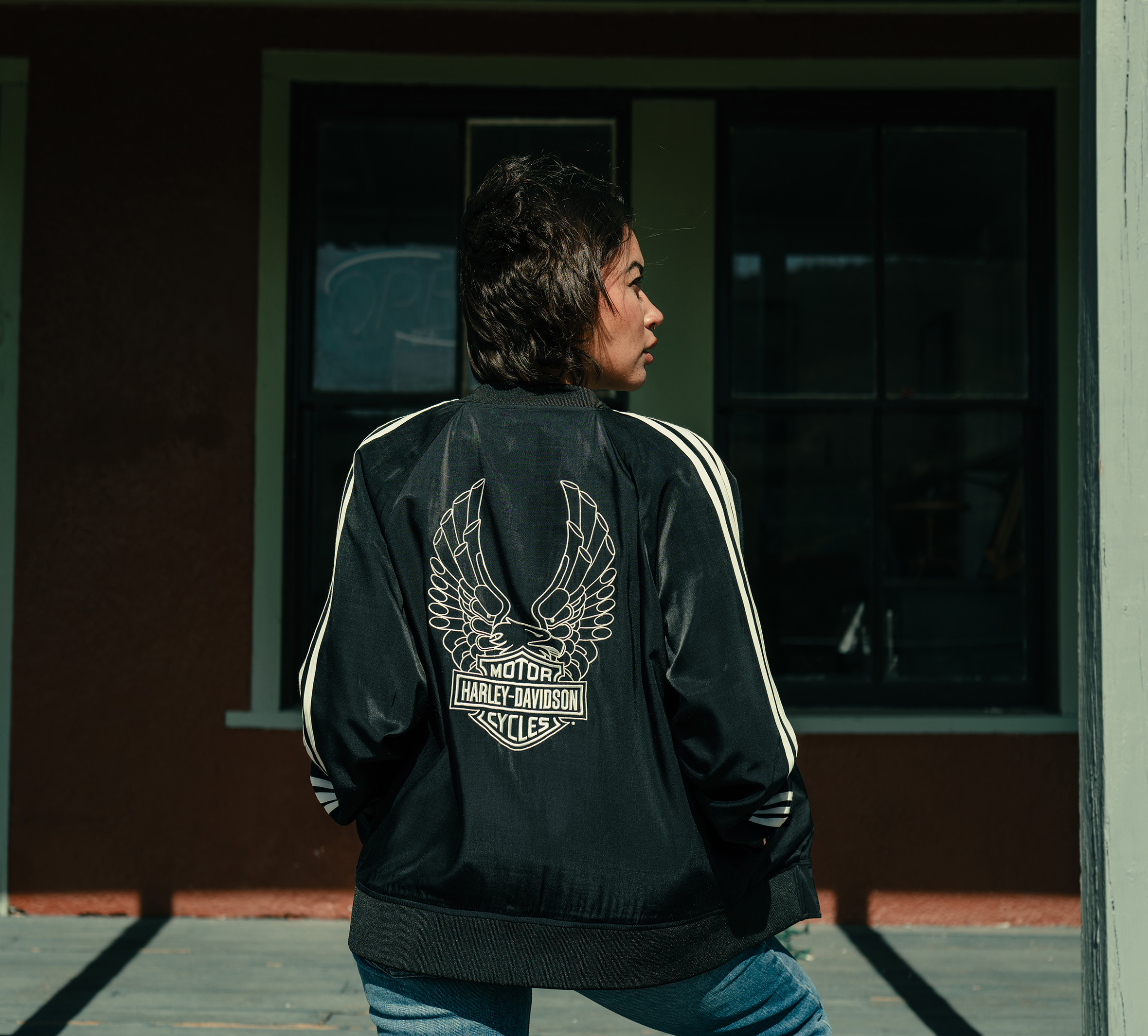 HARLEY DAVIDSON FEMME – VESTE BOMBER SATIN – NOIR/BLANC