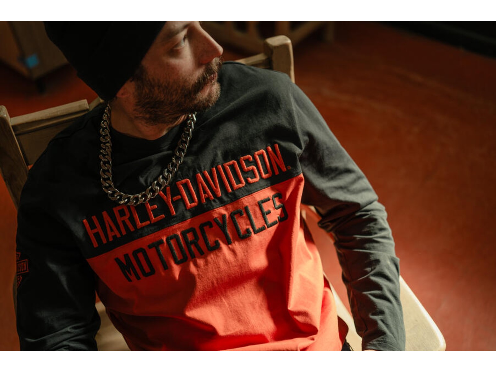 HARLEY DAVIDSON TEE-KNIT,ORANGE/BLACK COLORBLOCK
