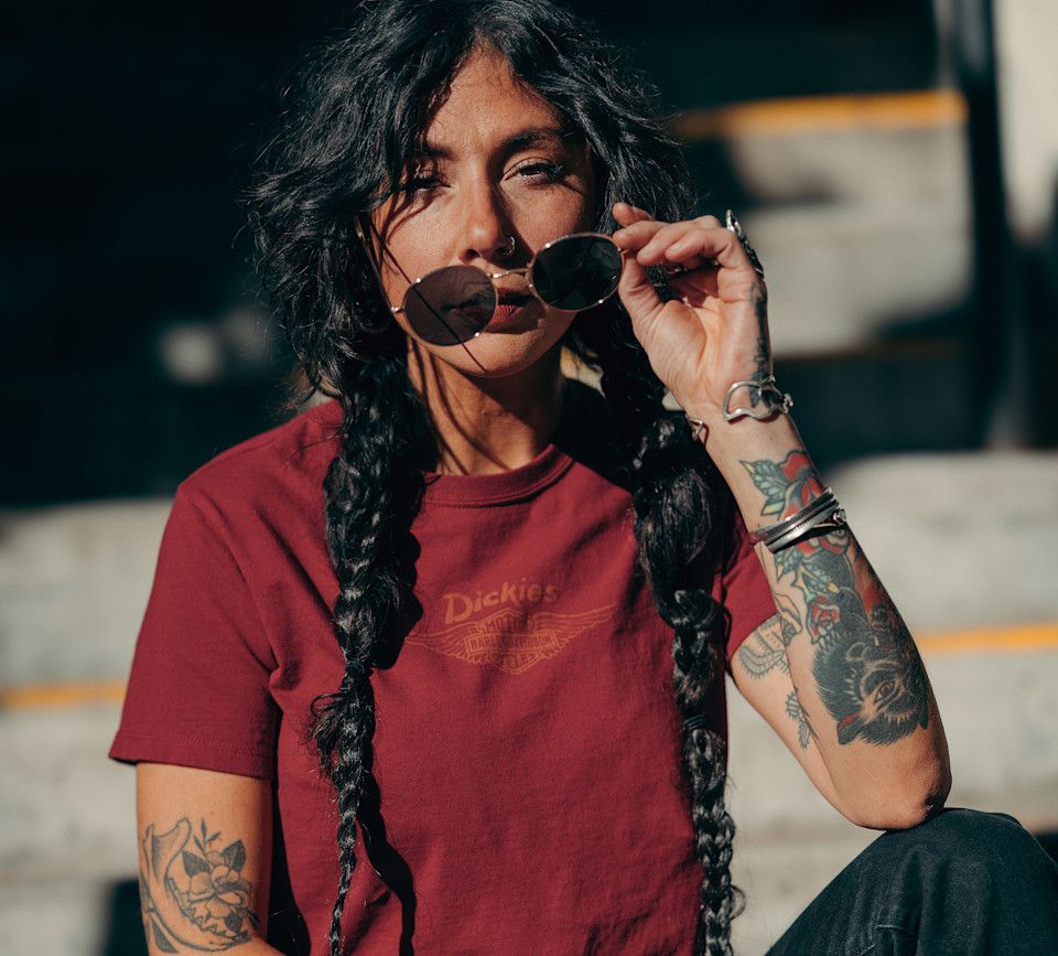 HARLEY DAVIDSON TEE-KNIT,DICKIES,BOXY,BUILT OUTLAST,RED