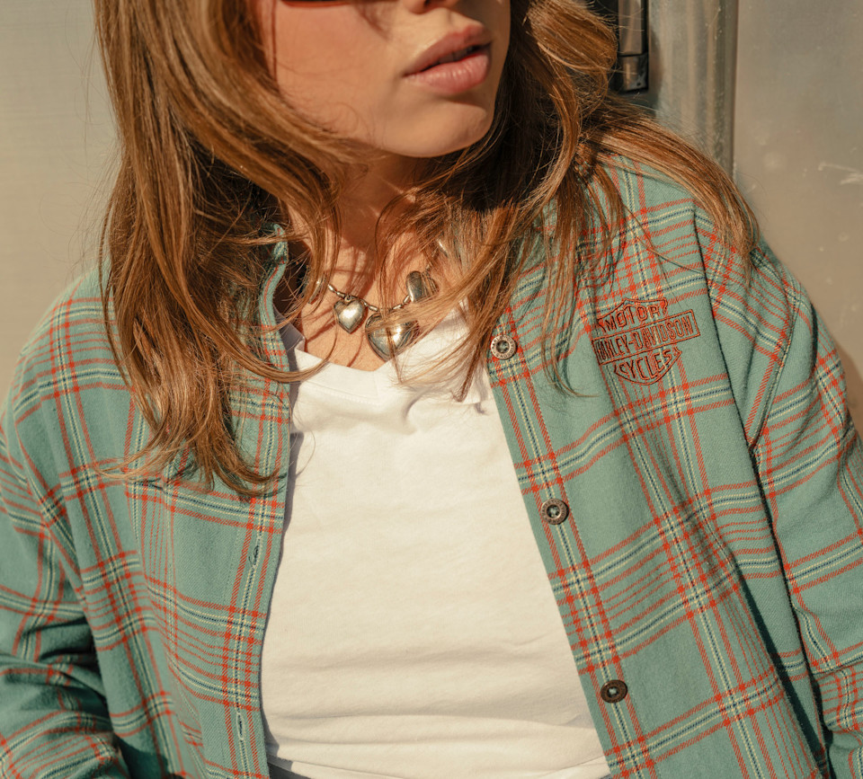 HARLEY DAVIDSON SHIRT-WOVEN,TEAL BLUE/ORANGE