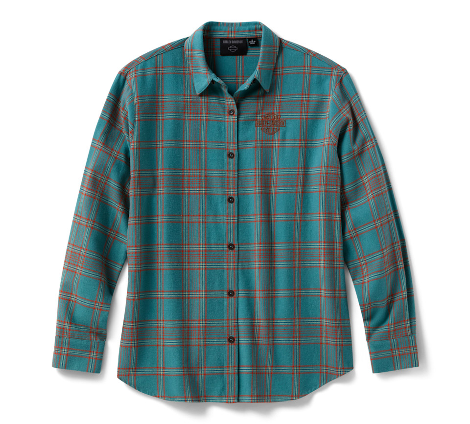 HARLEY DAVIDSON SHIRT-WOVEN,TEAL BLUE/ORANGE