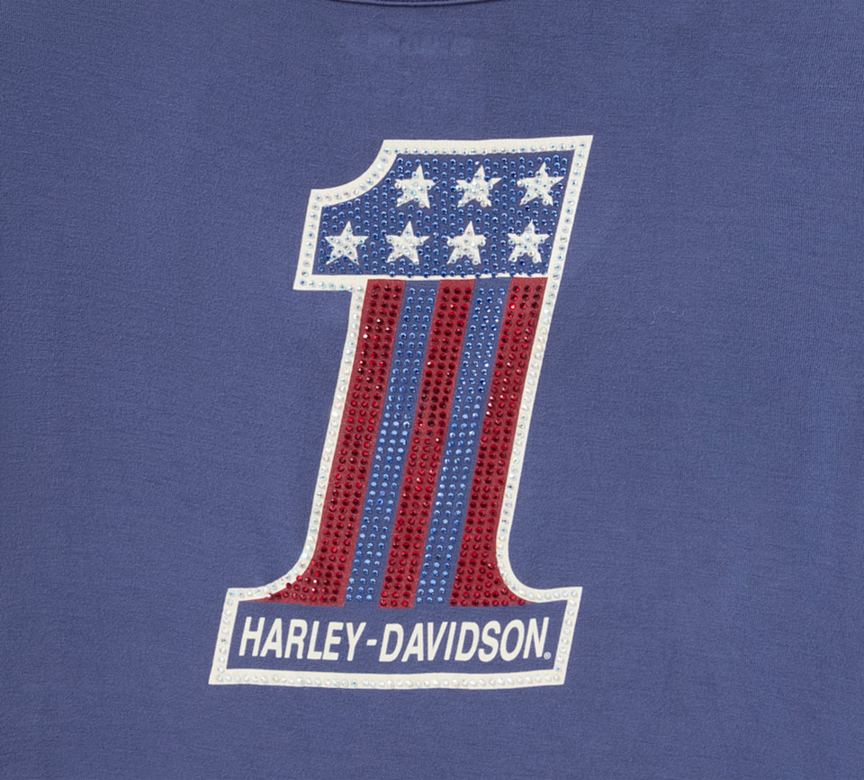 HARLEY DAVIDSON TEE-KNIT,BLING,NUMBER 1,BLUE