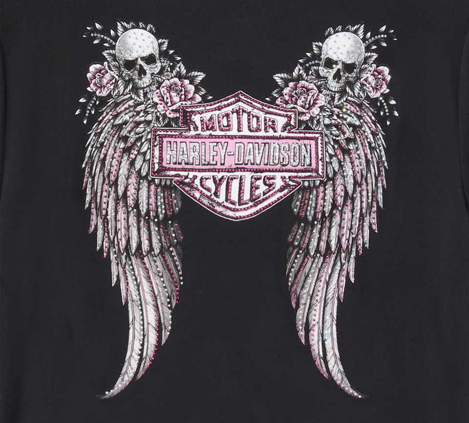 HARLEY DAVIDSON TEE-KNIT,BLING,ANGEL WINGS,BLACK
