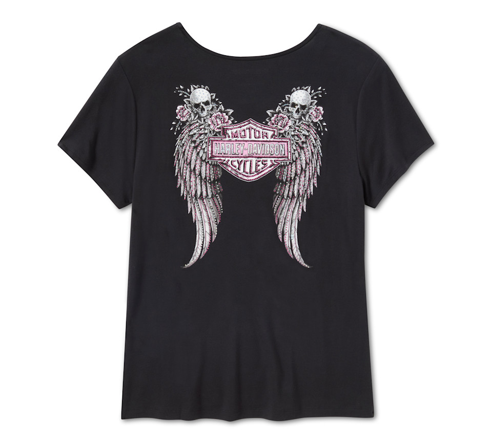 HARLEY DAVIDSON TEE-KNIT,BLING,ANGEL WINGS,BLACK