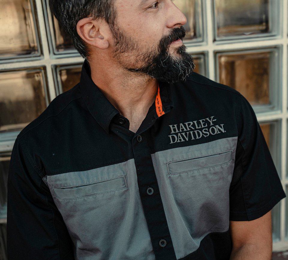 HARLEY DAVIDSON SHIRT-WOVEN,BLACK/DARK GREY HEATHER